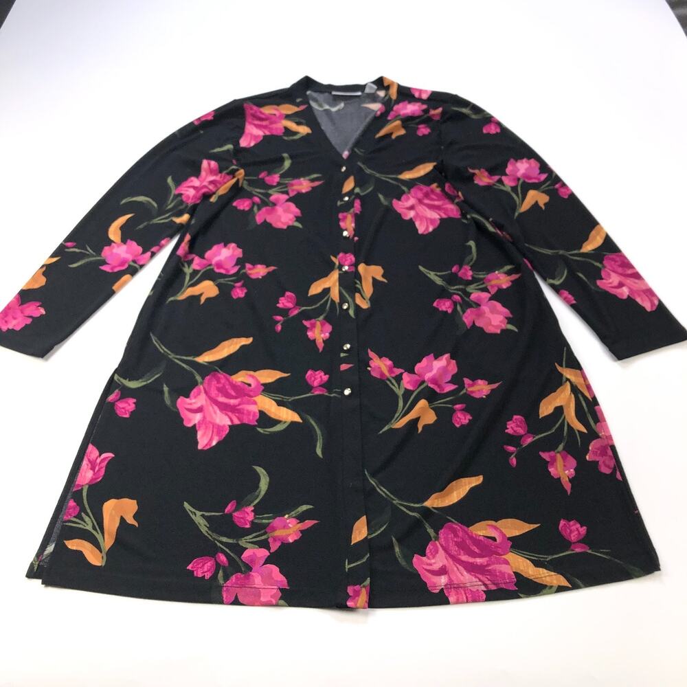 Susan Graver Large Button Shirt Dress V-Neck LS Floral All Over Print Black